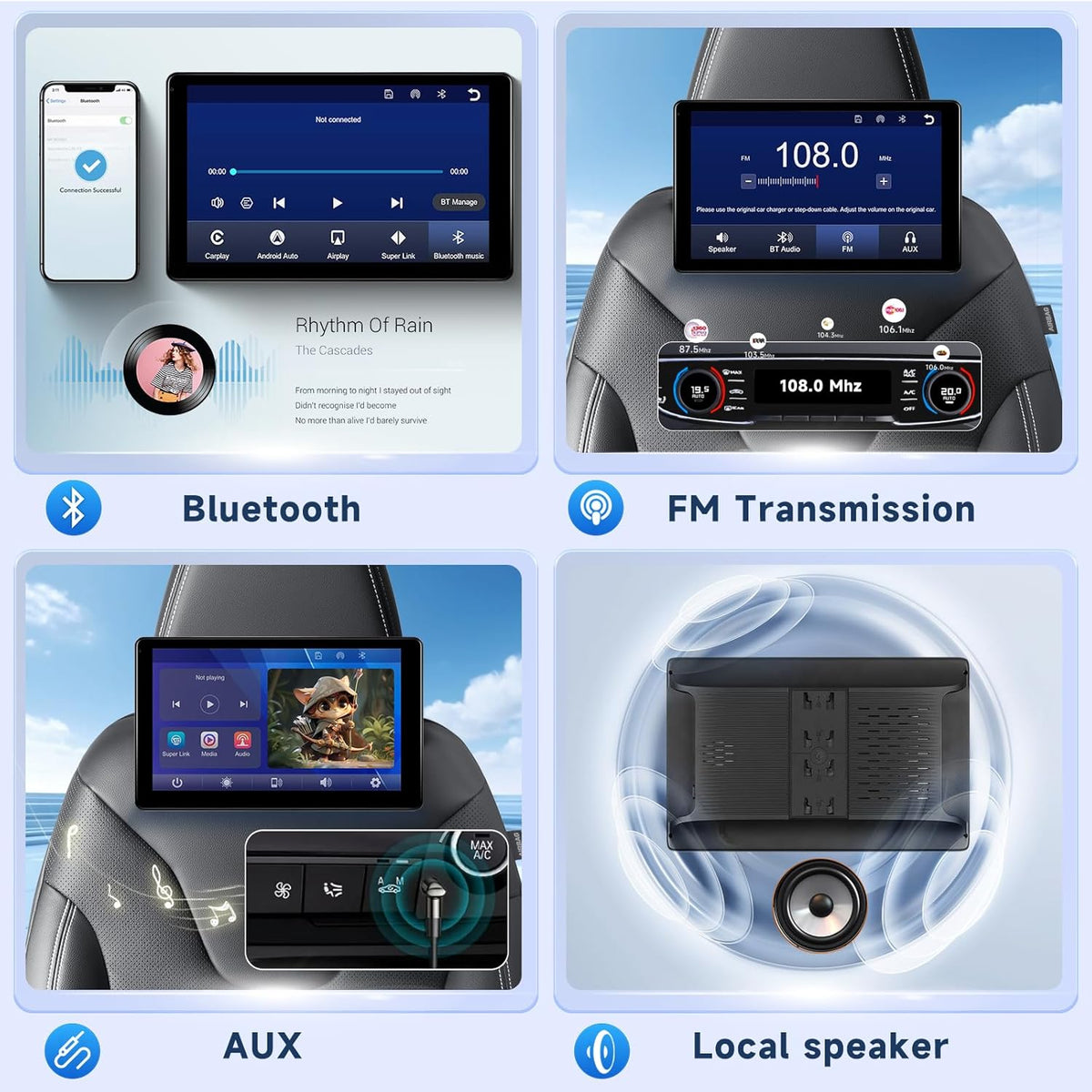 Hodozzy 10.1 Inch Car Headrests Video Player, Car Rear Seat TV with IPS Touch Screen, Car Headrest Screen with CarPlay Android Auto MirrorLink, Bluetooth/FM/USB/AUX/64GB TF Card - QUORE