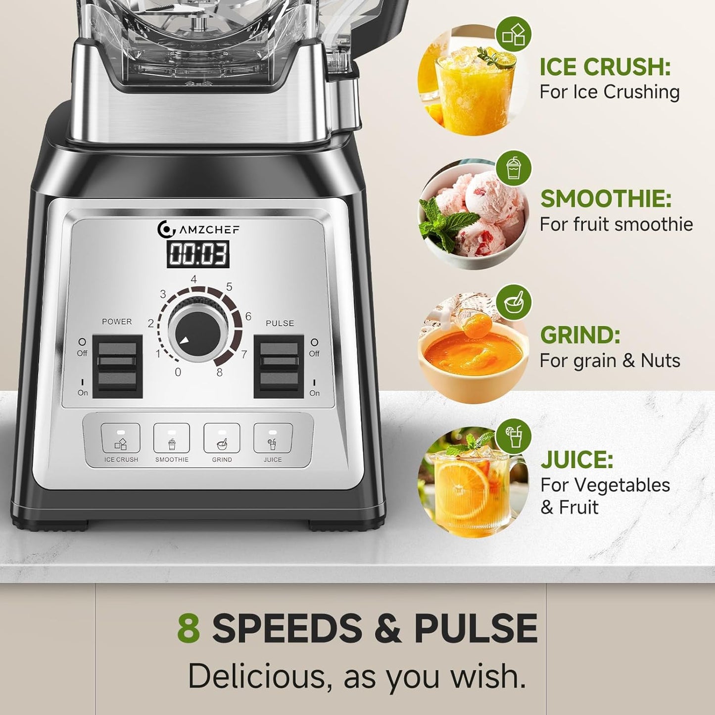 AMZCHEF Blender, 2000 watt, 2 liter, krachtige blender, blender met 8 instelbare snelheden en 4 voorprogramma's voor crushed ijs, smoothiemaker, grind mixer, BPA-vrij