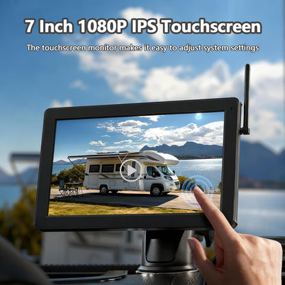 Draadloze achteruitrijcamera op zonne-energie, magnetische achteruitrijcamera draadloos VASTEND 7'' 1080P touchscreen IPS-monitor, 9600mAh accu, 1 minuut installatie, IP69 waterdicht