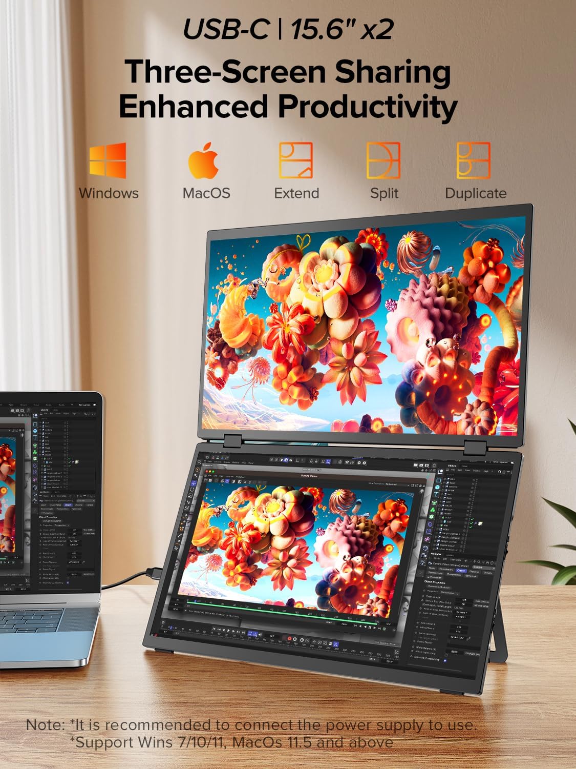 UPERFECT Delta 15.6" Dual Portable Monitor for Laptop Screen Extender 1080P HDR 360° Folding Stacked Triple Monitor with Stand for Laptop PC Phone Game Console (No Driver Needed) - QUORE