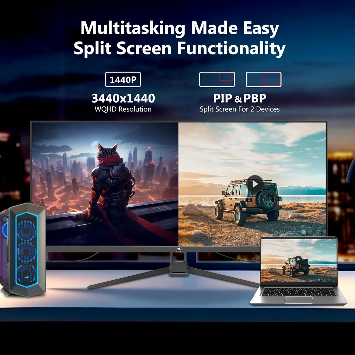 Z-Edge Gaming PC Screen 34'', UWQHD(3440x1440), 165Hz, IPS Panel, 1ms, Ultrawide Monitor 21:9, FreeSync, 300cd/m², 2*DP1.4 & HDMI2.0, RGB, Adjustable Slope, VESA 75 * 75mm (DP cable included)