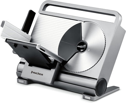 Muchen Allessnijder, elektrische broodsnijmachine, worstsnijmachine, hamsnijmachine, keukenmachine met afneembaar roestvrijstalen lemmet, 45 W, vleesnijder voor vlees, brood, fruit, zilver GJ802