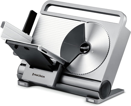 Muchen Allessnijder, elektrische broodsnijmachine, worstsnijmachine, hamsnijmachine, keukenmachine met afneembaar roestvrijstalen lemmet, 45 W, vleesnijder voor vlees, brood, fruit, zilver GJ802