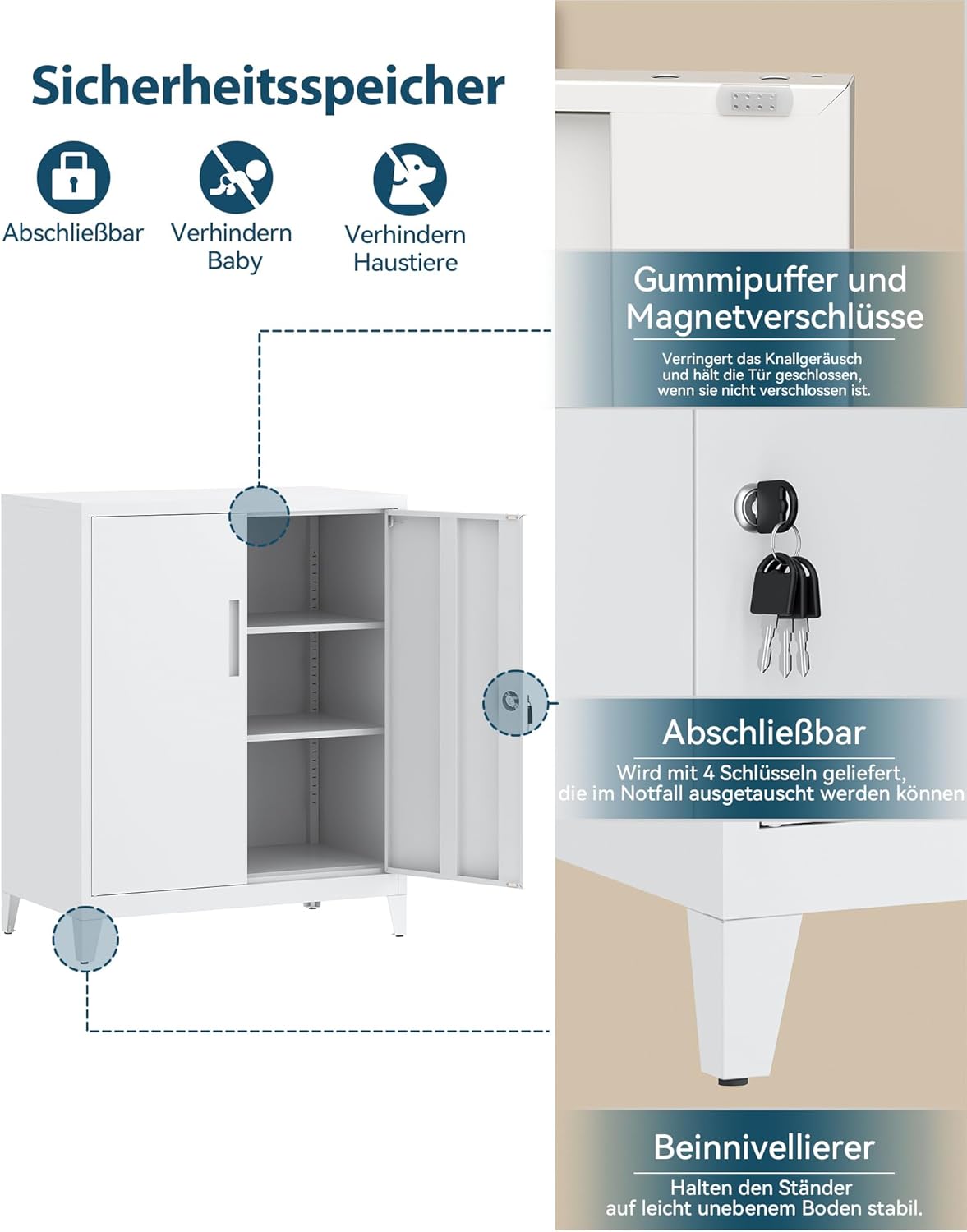 Dossierkast, afsluitbare garagekast, 2 niveaus, bureaukast, werkplaatskast met verstelbare planken, voor kantoor, garage en bijkeuken, 40 x 80 x 100 cm, wit