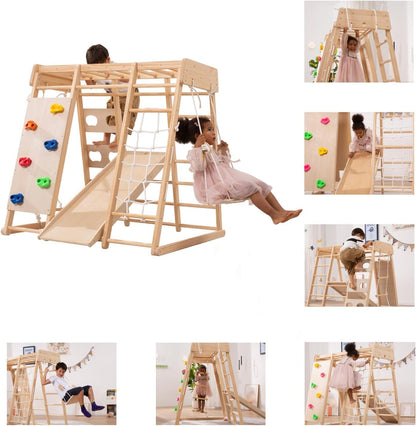 Giant bean Middelgroot formaat indoor speeltuin jungle gym voor 2-10 jaar, peuters, 9-in-1 met slide, Rock Climb Wall, Monkey Bars, Hout & Rope Ladder, Climbing Rope & Wall and Gymnastic Ring