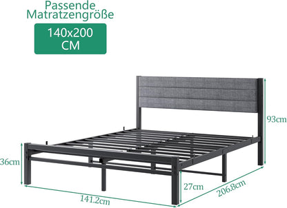 Bed 140x200 met lattenbodem, metalen bedframe uit metaal, gestoffeerd bed 140x200 cm tweepersoonsbed, bedframe met hoofdbord, gastenbed Geen boxspringbed vereist, eenvoudige montage, grijs