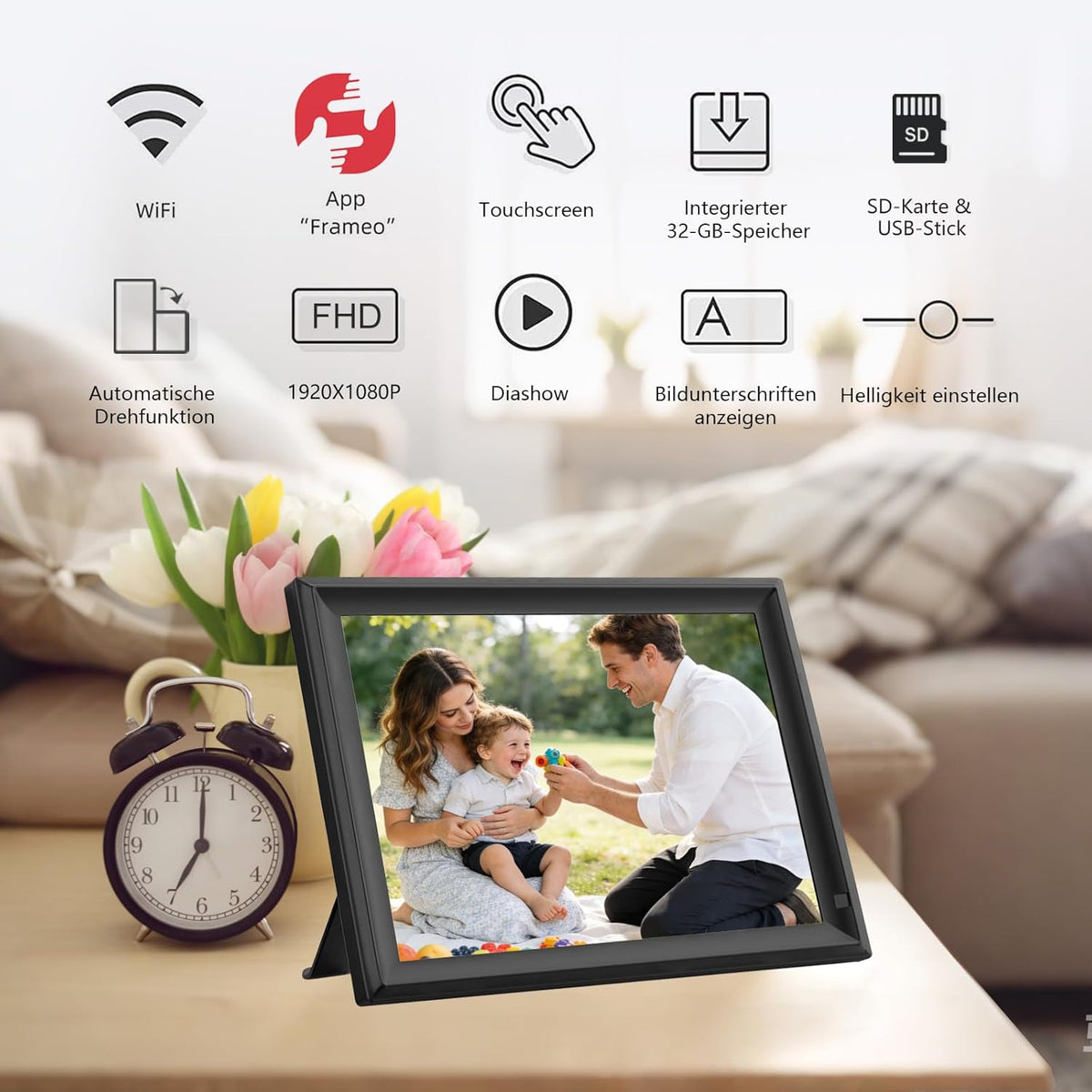 Frameo Digitale fotolijst, 32 GB, 32 GB, wifi, 32 GB, touchscreen, auto-rotatie, wandmontage, foto's/video's direct delen via FRAMEO app