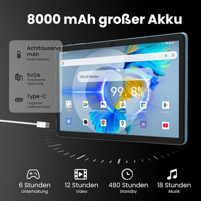 Android 16-tablet, 11 inch tablet,32GB + 128GB, uitbreidbaar tot 1TB, productiviteitsbundel met toetsenbordhoes, stylus, octa-coreprocessor, dubbele camera, wifi 6, 8000mAh-batterij (Blu)