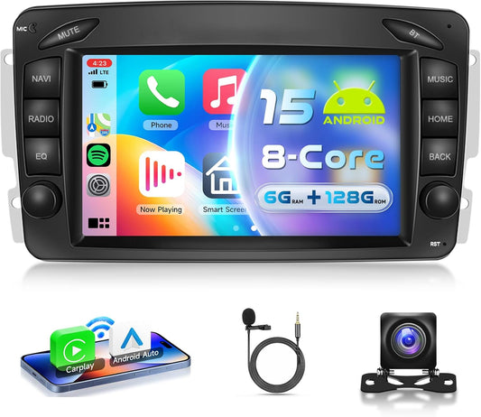 8 Core 6G + 128G autoradio Android 15 voor Mercedes Benz C CLK G klasse W203 W209 W463 Viano Vito W639, 7 inch HD IPS-display met Carplay Android Auto Wireless GPS Wi-Fi Bluetooth USB FM RDS