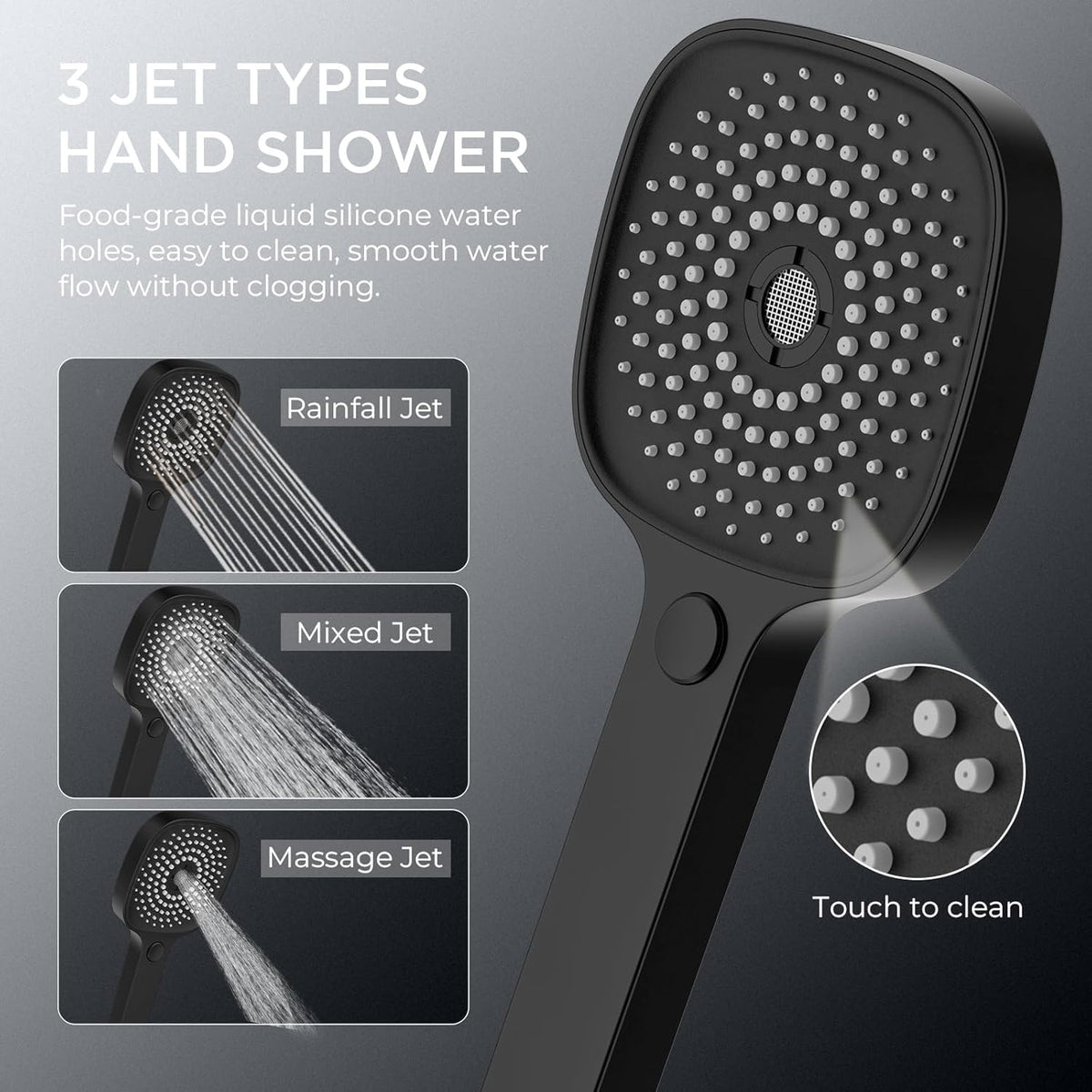 FORIOUS Shower System with Thermostat, Stainless Steel Shower Fixture, Complete Set with 25 cm Square Overhead Rain Shower, 90-125 cm Height Adjustable Shower Rod, 3 Jet Types,
