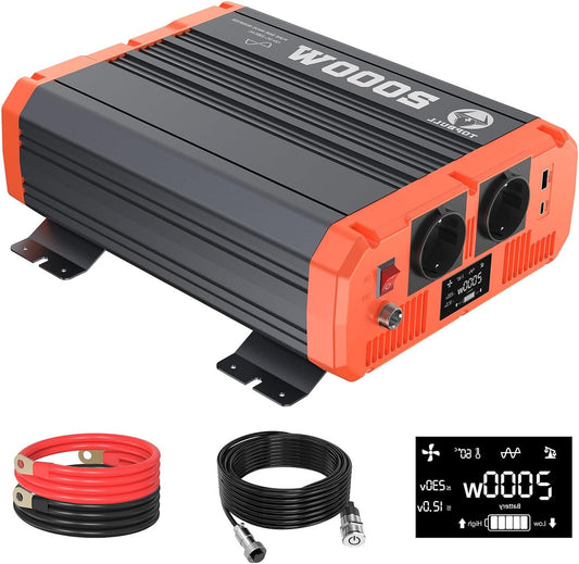 Inverter Pure Sine Wave 2000W/4000W 12V to 230V Car Inverter with 2 EU Power Outlets 1 USB Ports 1 Type-c Ports & Remote Control for Car/Caravan/Boat/Camping/Travel/Solar Panel - QUORE