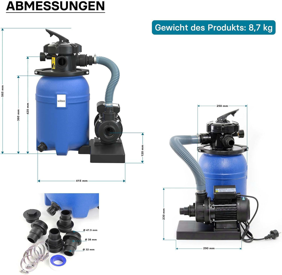 Wiltec zandfiltersysteem 180 W met 14 liter filtertank en zelfaanzuiging 9000 l/h poolpomp
