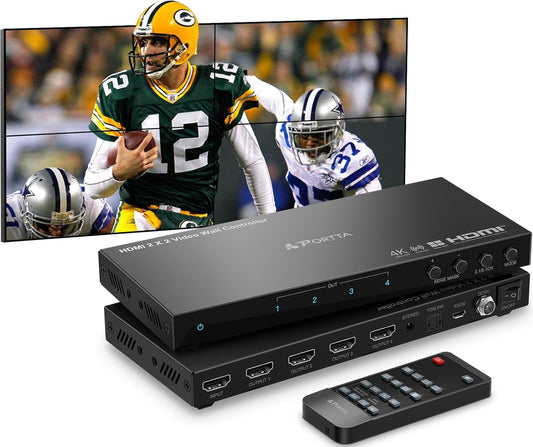 HDMl Video Wall Controller 2x2 4K, PORTTA Video Wall Processor met 11 splicing modi, RS232, 180° Rotate, audio extractor, 2x2,1x2,1x3,1x4,2x1,3x1x4x1, 4 tv-schermen in 1 wanddisplay