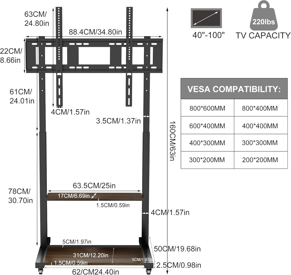 unho Tv-standaard, televisiestandaard met AV-planken voor 40-86 inch televisie