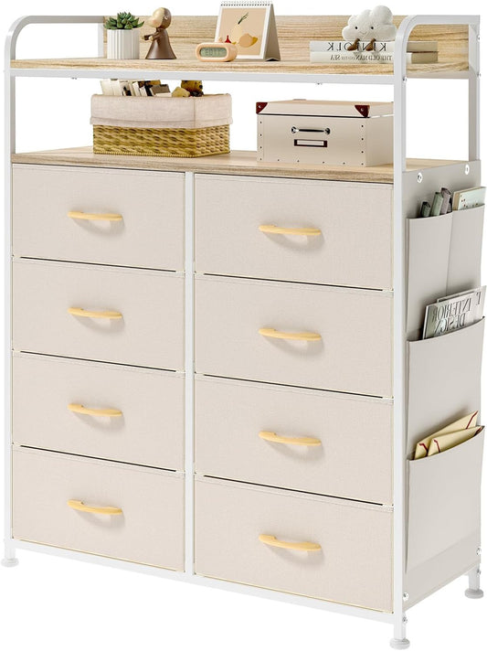 Ladekast – Dressoir – Opbergkast – Kledingkast – Kastje – 8 Stoffen Lades – Metalen Frame – 2-Laags Houten Bovenblad – Beige