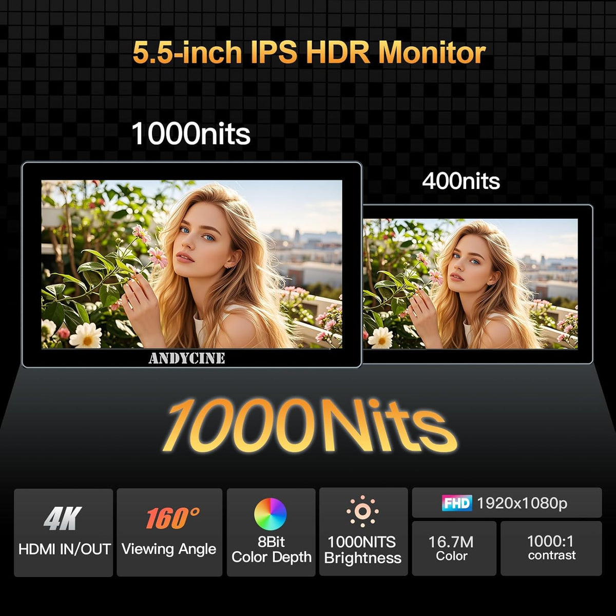 ANDYCINE X5 5.5 Inch Touch Screen 1200 Nits Brightness Aluminum Case DSLR Camera Monitor, 4K HDMI Input and Output with 3D-LUT, All Waveforms Including F970C, Carrying Case, Micro HDMI Cable - QUORE
