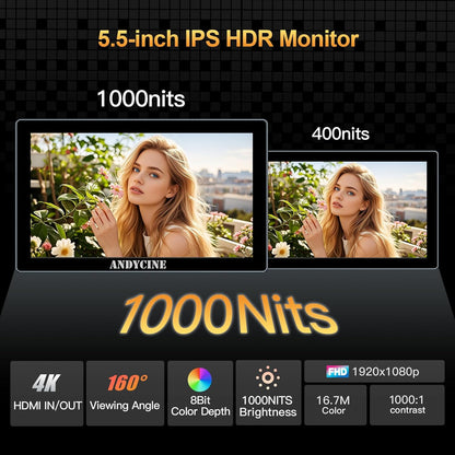 ANDYCINE X5 5.5 Inch Touch Screen 1200 Nits Brightness Aluminum Case DSLR Camera Monitor, 4K HDMI Input and Output with 3D-LUT, All Waveforms Including F970C, Carrying Case, Micro HDMI Cable - QUORE