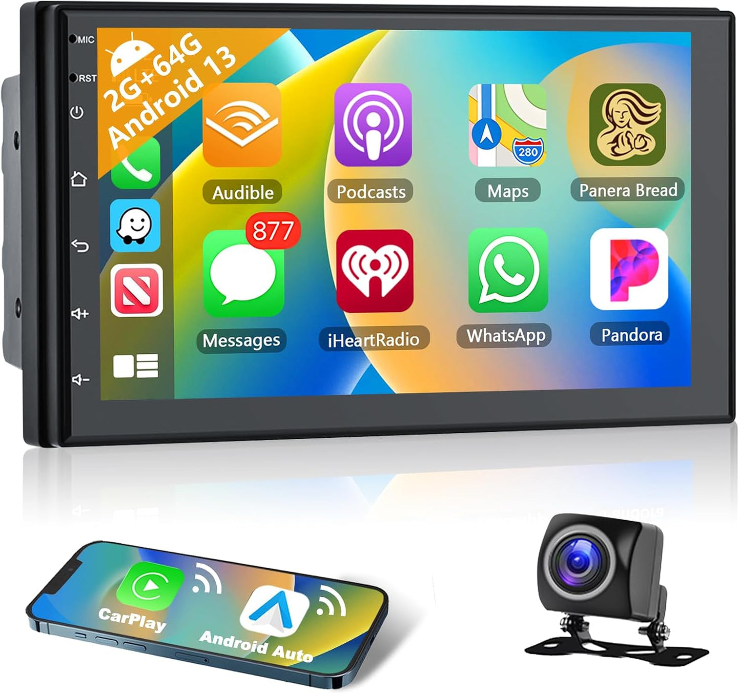 [2+32G] Podofo 2Din 7 Inch Autoradio Android 13 Scherm met Draadloos Apple Carplay/Android Auto Touchscreen met GPS/Bluetooth/SWC/FM/RDS/WiFi/USB Radio-ontvanger Ondersteuning Achteruitrijcamera