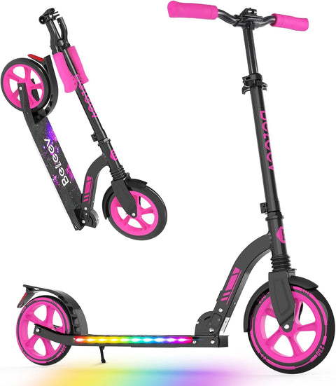 BELEEV V10 Big Wheel Scooter voor kinderen vanaf 6 jaar, met oplichtend dek, opvouwbare scooter met 2 wielen voor volwassenen en tieners, 5 verstelbare hoogte, lichtgewicht sport forenzen scooter met