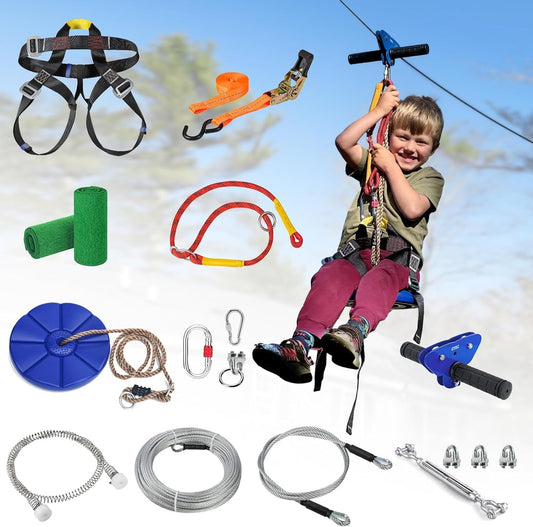 CTSC Familiespeelgoed, kabelbaanset, kabelbaan voor kinderen, outdoor, 47 m, met roestvrijstalen veerrem, trolley, kabelschijf, veiligheidsgordel, kleurrijk plezier, 47 m blauw