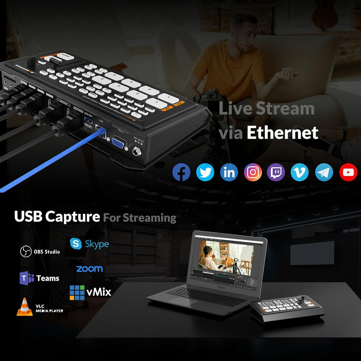 AVMATRIX Multi Camera Video Schakelaar Mixer 4CH HDMI in, Video Switcher met USB en SD-kaart opnemen, Ethernet USB-uitgangen voor real-time live streaming (Shark H4)