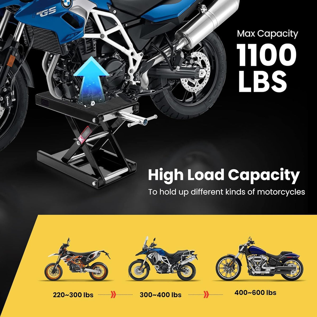 VIVOHOME Motorfiets Schaarlift Krik 500kg in Hoogte Verstelbaar Zwaar Staal met Antislip Brede Laadvloer Krukas Middenstandaard Capaciteit voor Motorfietsen ATV's en Crossmotoren Zwart