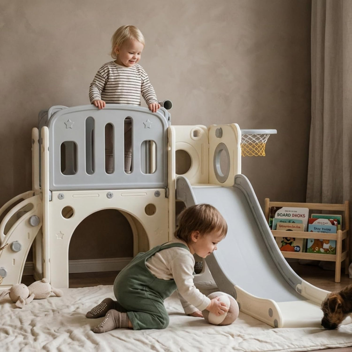 Kinderglijbaan met klimladder, basketbalkorf en tunnel, kunststof glijbaan voor binnen voor kinderen, Montessori-spelletjes voor speelplaats, grijs