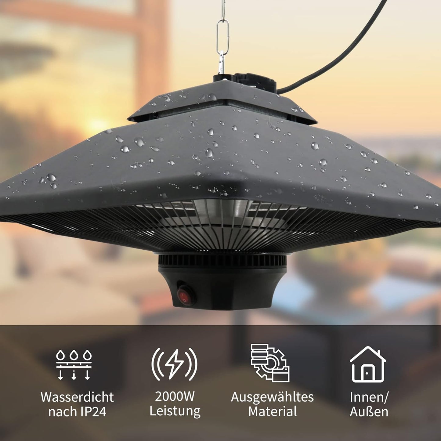 Terrasverwarmer – Plafondverwarmer – Warmtestraler – Balkonverwarmer – Halogeen Verwarmer – 2000W Met Afstandsbediening – Inclusief LED-Verlichting