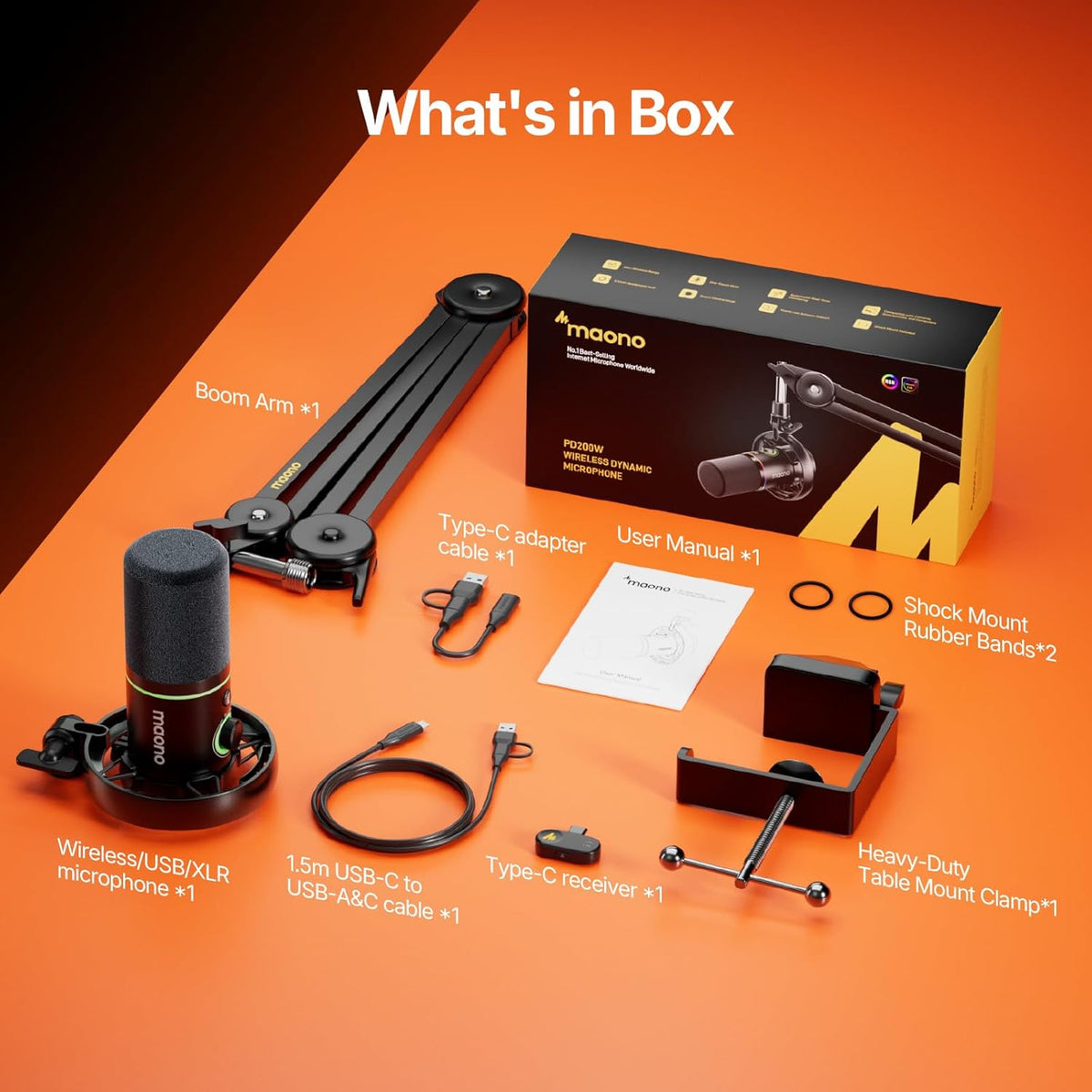 MAONO PD200W hybride draadloze podcast-microfoon voor pc, XLR-USB-dynamische microfoonset met arm, software, ruisonderdrukking, voor zangopnames, streaming, inhoud maken, thuisstudio, voice-over