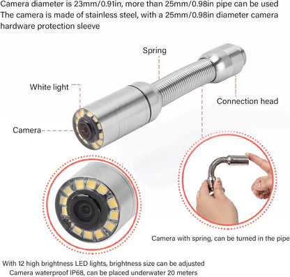 Pijpinspectiecamera accessoire , IP68 waterdicht , roestbestendig , 23 mm pijpinspectiecamerakop met 12 led verlichting voor pijpcamera