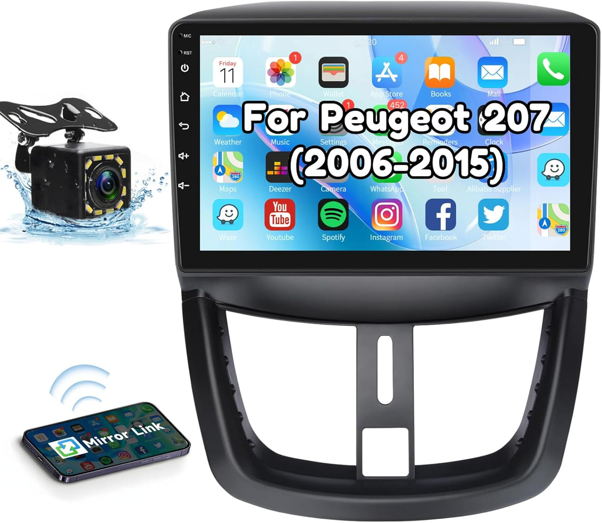 Podofo Android autoradio met GPS voor Peugeot 207 2006-2015, 9-inch touchscreen, wifi, Bluetooth, FM-radio, RDS, MirrorLink, USB-navigatie, videospeler voor Peugeot 207 + achteruitrijcamera