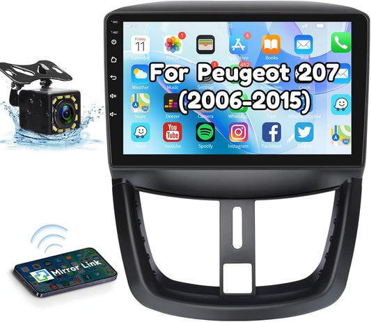 Podofo Android autoradio met GPS voor Peugeot 207 2006-2015, 9-inch touchscreen, wifi, Bluetooth, FM-radio, RDS, MirrorLink, USB-navigatie, videospeler voor Peugeot 207 + achteruitrijcamera