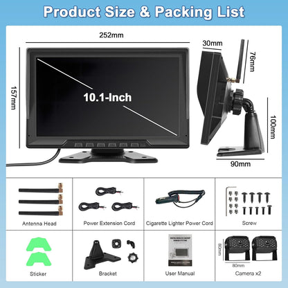 Digitale Achteruitrijcamera – Draadloze Parkeerhulp – Backup Camera – Camera Systeem – 10,1 Inch HD Monitor – IP68 Waterdicht – Nachtzicht - QUORE