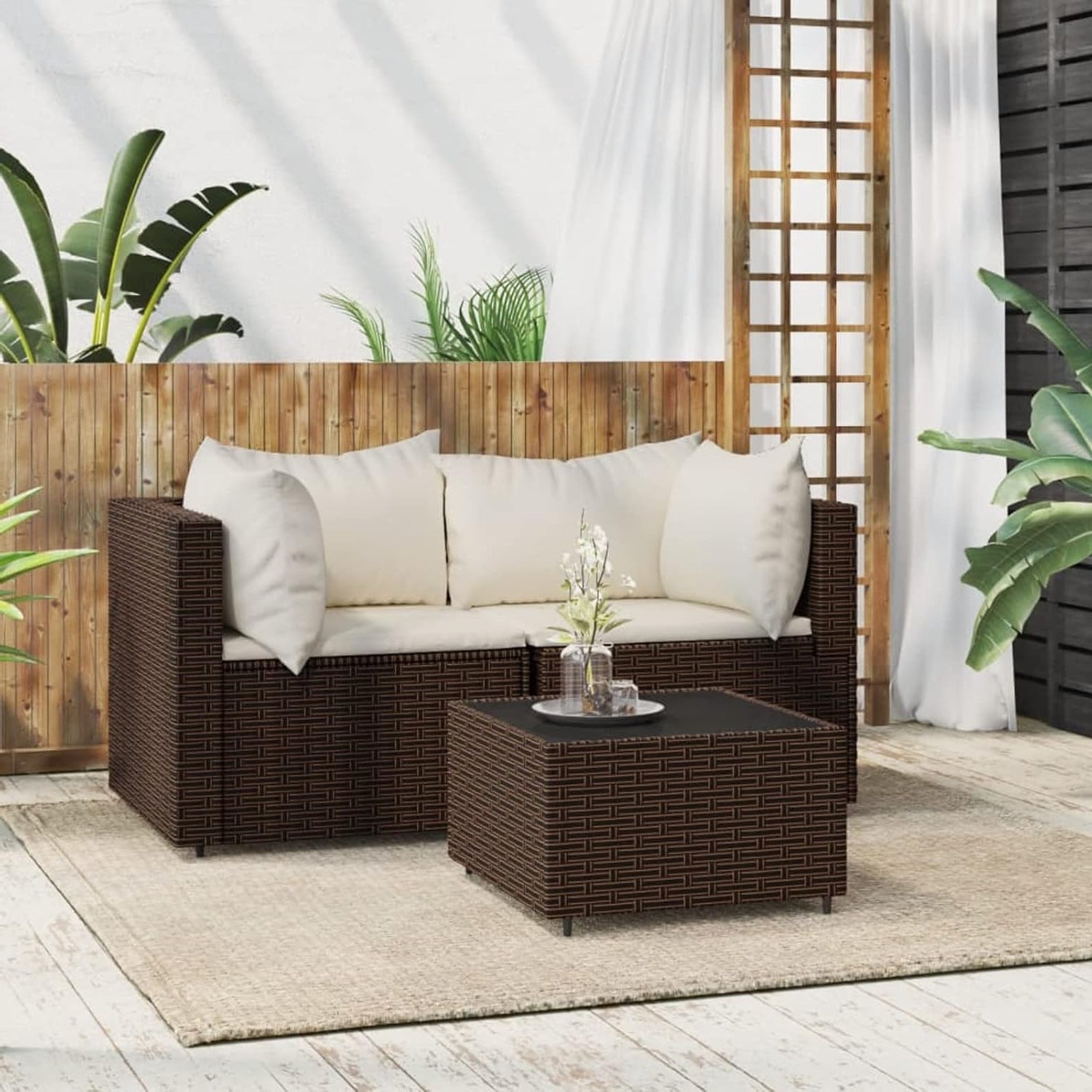 3 Piece Garden Lounge Set with Cushion, Lounge Set Lounge Set Balcony Garden Lounge Garden Furniture Sets Brown Poly Rattan 319747 - QUORE