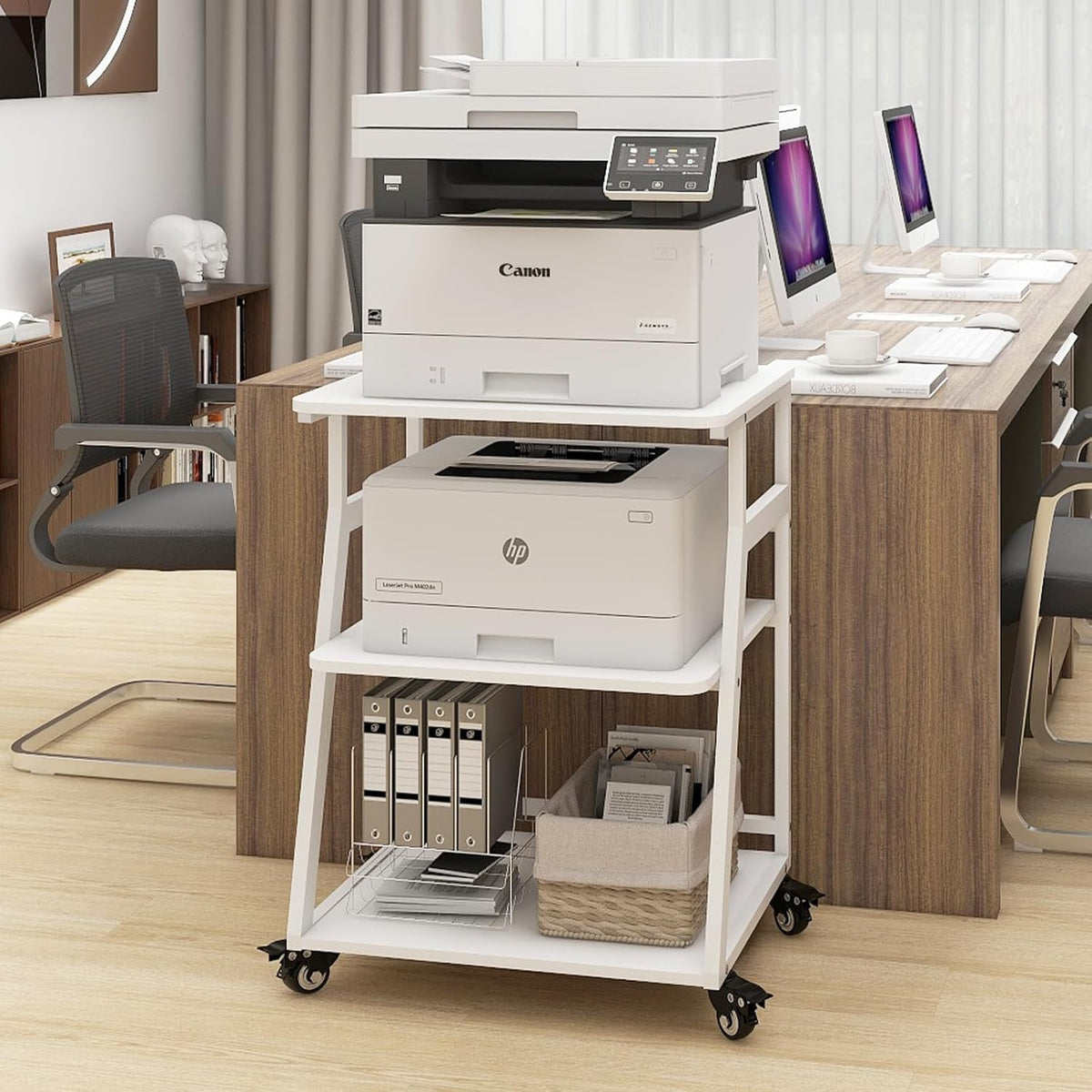 Printertafel – Printerstandaard – Opbergtafel – Printkar – Werkplek Organizer – 3 Niveaus Met Verstelbare Plank – Stevig Stalen Frame Met Wieltjes