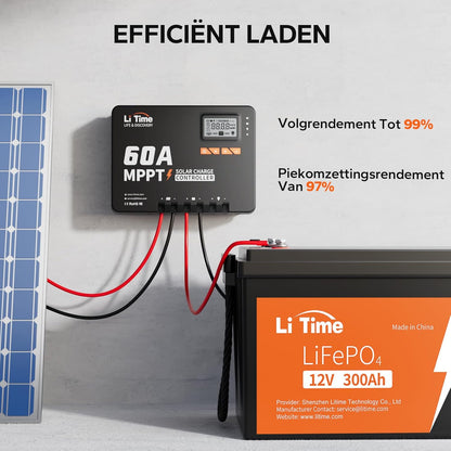 LiTime MPPT zonneregelaar, 60 A, 12 V/24 V/36 V/48 V, max. 3200 W, automatische DC-ingang met bluetooth-adapter, instelbaar lcd-display, led-indicatoren, voor lithiumbatterij