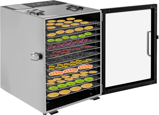 Food dryer made of stainless steel, 800 W, food safe, 12 drying trays, temperature range from 30 to 80 °C, LED freezer dryer for vegetables, fruits, meat, flowers and other - QUORE