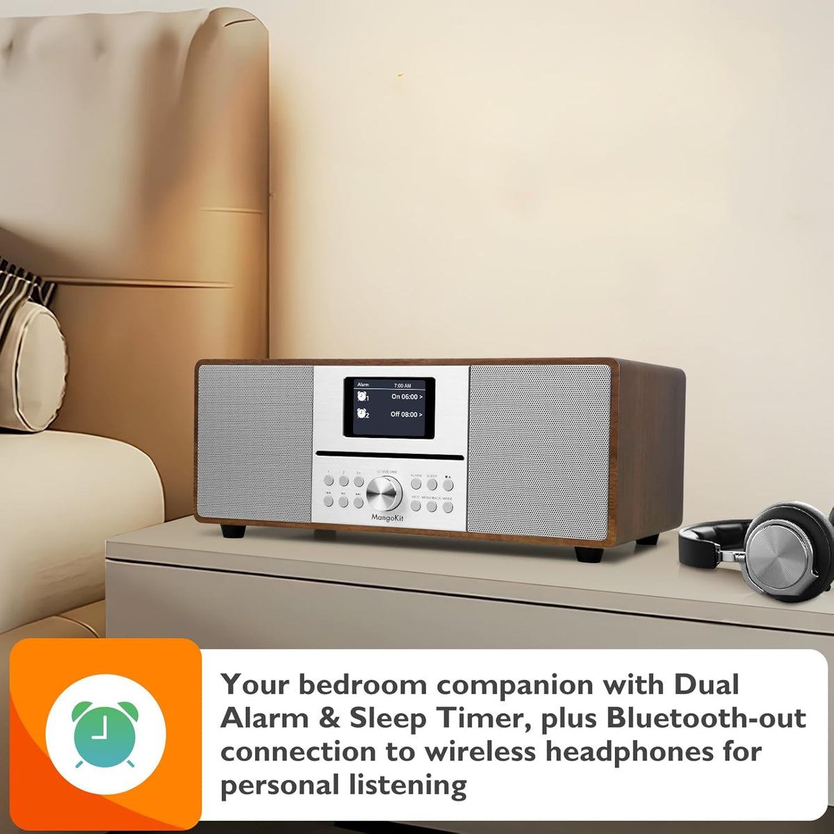 MS4 CD-speler DAB Radio Hifi Systeem,Bluetooth, Krachtige Stereo Systeem,Digitale Radio DAB+,Akoestische Houten Kast,CD Speler Met Speakers,40 Presets,Hoofdtelefoon Jack,Walnoot Finish