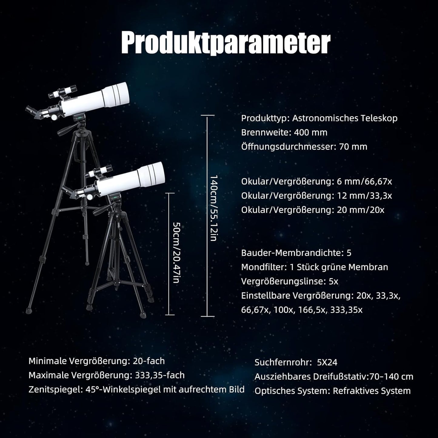 ACESOME Telescoop, vergroting 20-333 x telescoop, astronomy voor kinderen en volwassenen, 70 mm aperture sterentelescope astronomische telescoop met verstelbaar statief, opbergtas