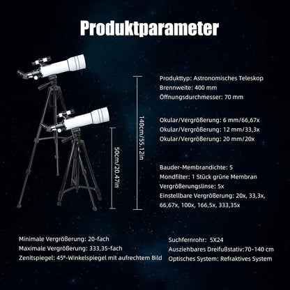 ACESOME Telescoop, vergroting 20-333 x telescoop, astronomy voor kinderen en volwassenen, 70 mm aperture sterentelescope astronomische telescoop met verstelbaar statief, opbergtas