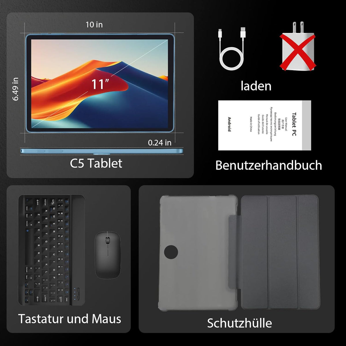 Android 16-tablet, 11 inch tablet,32GB + 128GB, uitbreidbaar tot 1TB, productiviteitsbundel met toetsenbordhoes, stylus, octa-coreprocessor, dubbele camera, wifi 6, 8000mAh-batterij (Blu)