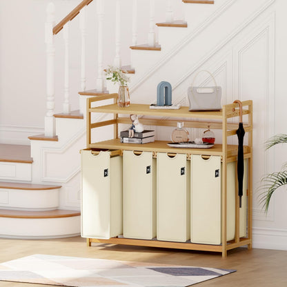 AdelDream Wasmand, 200 liter, 4 vakken, uittrekbare en afneembare waszak, wasmand, bamboe frame, wasmand, wasmand, wasmand, wasmand, wasmand, wasmand, wassorteerder, bamboe (beige-12-8)