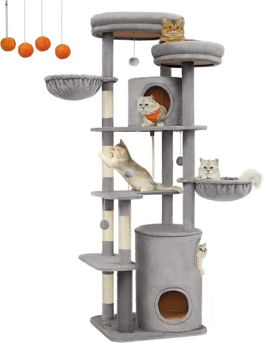 Feandrea krabpaal groot, XXL, 196 cm hoog, meerdere verdiepingen kattenboom met 2 grote platforms, 3 grotten, 2 ligbedden, 5 krabpalen, 4 pluche ballen, kattenborstel, tunnel, lichtgrijs PCT153W01