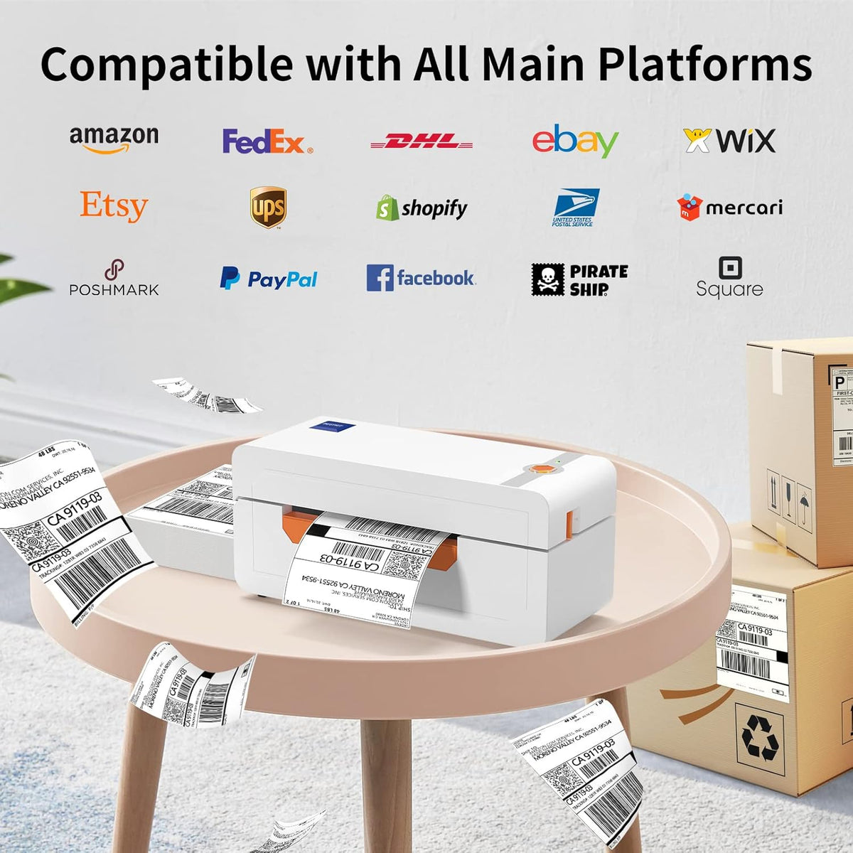 JADENS Bluetooth thermische labelprinter, 4 x 6 verzendlabelprinter voor verzendpakketten 203 DPI, 1.2"-4.1" afdrukformaat compatibel met Hermes, Royal Mail, Amazon, Shopify