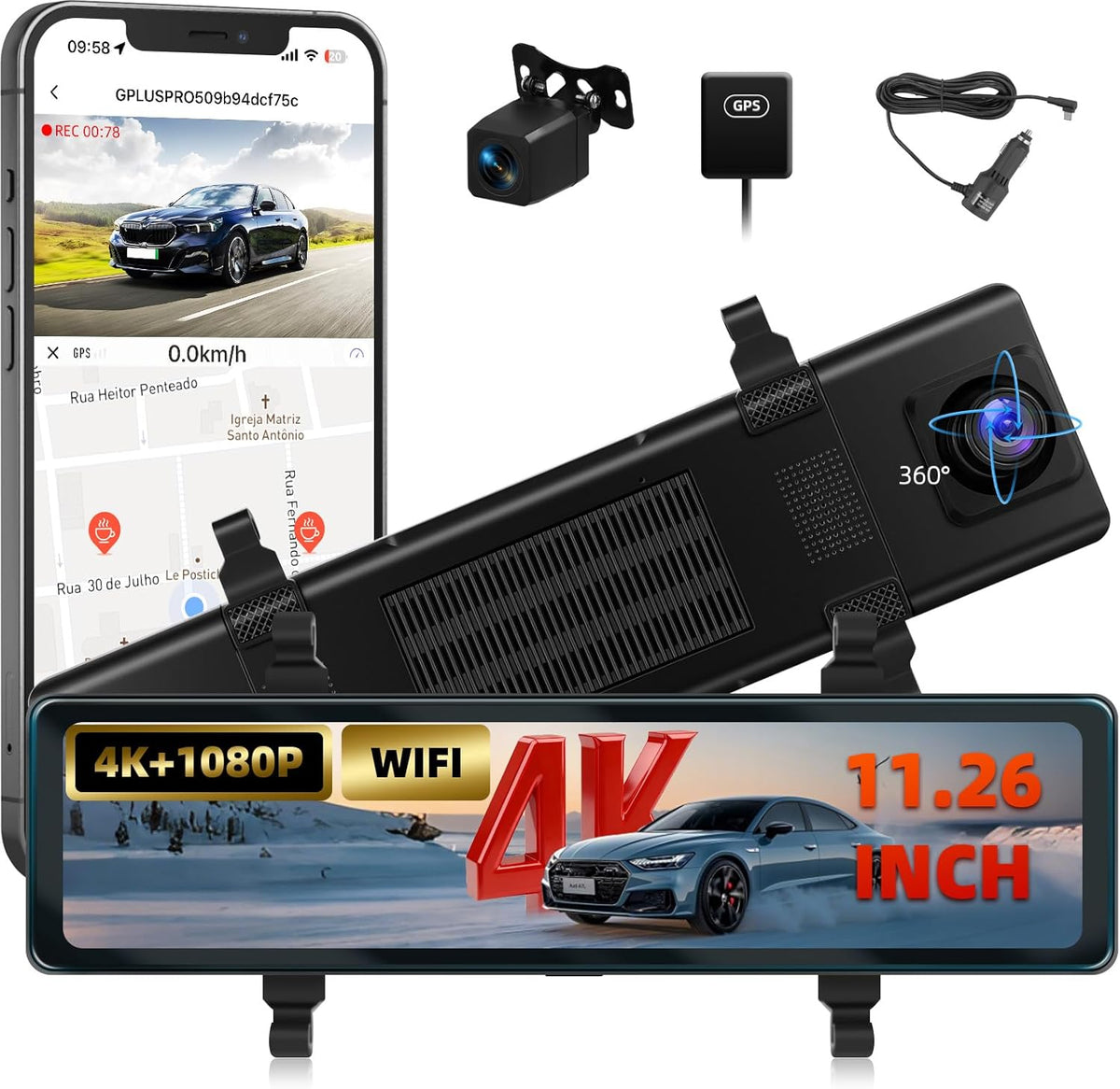 Dashcam Voor En Achter – Autocamera – Auto Dashcam – Dubbele Dashcam – Camera Voor Auto – 11,26 Inch IPS-Touchscreen – 4K+1080P Voor- En Achteropname Met GPS