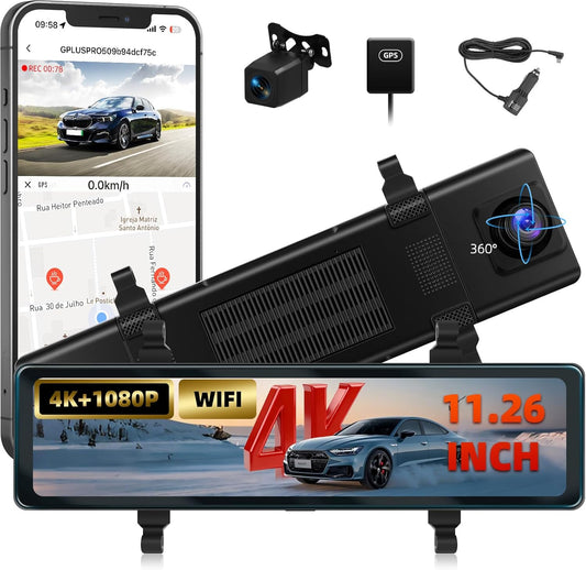 Dashcam Voor En Achter – Autocamera – Auto Dashcam – Dubbele Dashcam – Camera Voor Auto – 11,26 Inch IPS-Touchscreen – 4K+1080P Voor- En Achteropname Met GPS