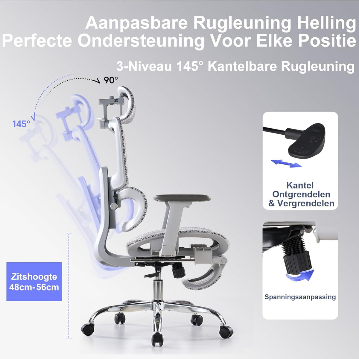 Ergonomische Bureaustoel met Voetensteun - 5-Zones Verstelbare Rugleuning, 2D Lendensteun, 3D Arm-/Hoofdsteun, 145° Kantelfunctie + Ademend Net voor Kantoor/Thuiswerk/Studie, Grijs