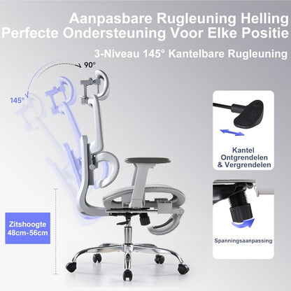 Ergonomische Bureaustoel met Voetensteun - 5-Zones Verstelbare Rugleuning, 2D Lendensteun, 3D Arm-/Hoofdsteun, 145° Kantelfunctie + Ademend Net voor Kantoor/Thuiswerk/Studie, Grijs