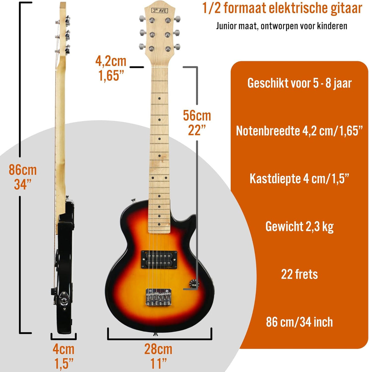 3rd Avenue 1/2 maat elektrische rockgitaar voor beginnende kinderen - draagbare 5W versterker, kabel, tas, plectrums en riem - Sunburst