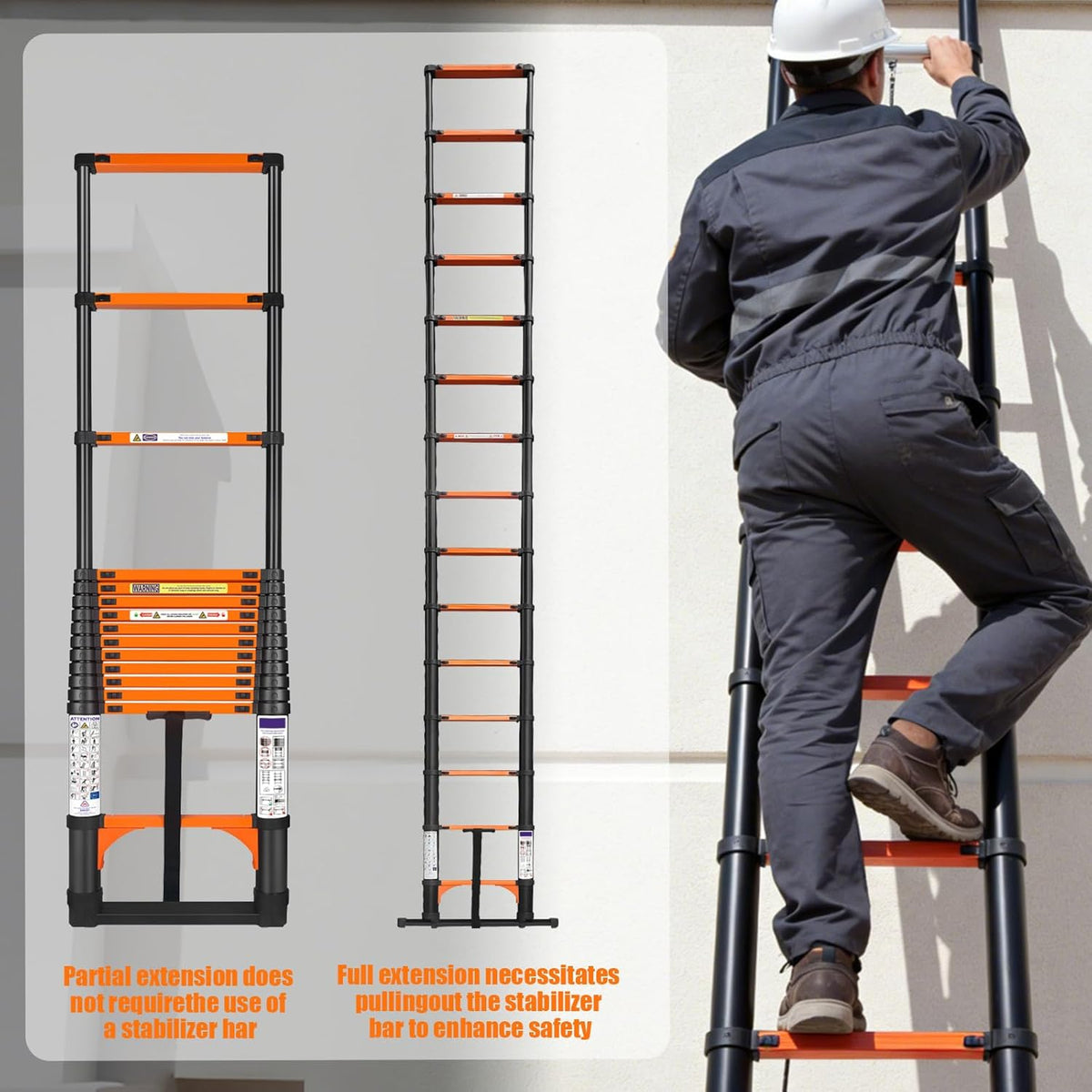 4,4m Telescopische Ladder - Hoogwaardige Uitschuifbare Ladder met Stabilisatoren en Afneembare Haak, Robuuste Draagbare Multifunctionele Rechte Ladder Huisladder Steunladder voor Campers en Zolders
